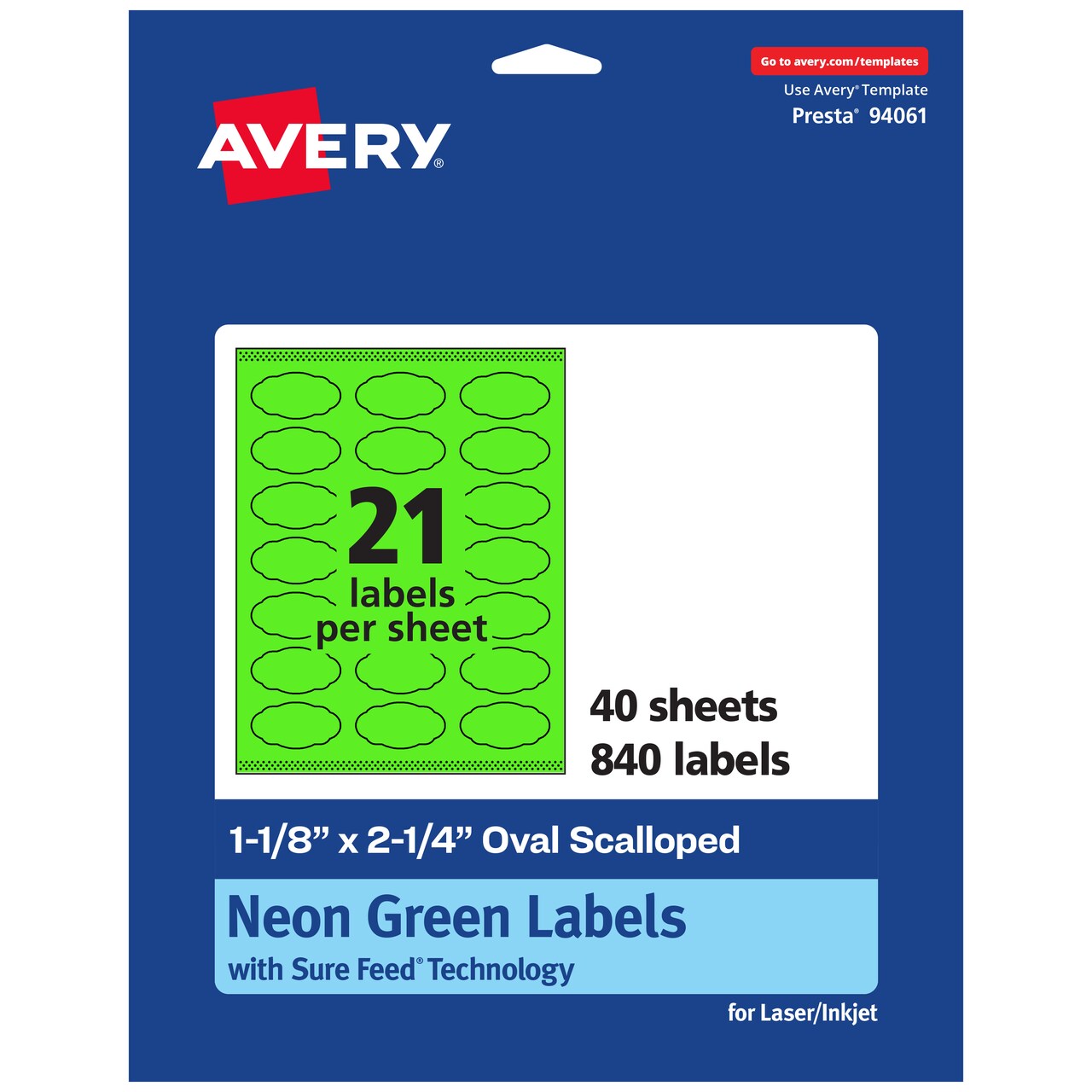 Avery Neon Green Paper Labels, 1-1/8" x 2-1/4" Oval Scalloped